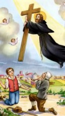 Saint Joseph of Cupertino ascends with a cross, while two people kneel in prayer beneath him.