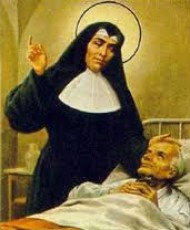A nun with a halo, reminiscent of Saint Teresa of Jesus, comforts an elderly person in bed.
