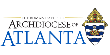 The logo of the Roman Catholic Archdiocese of Atlanta showcases a striped shield and crown emblem, symbolizing its spiritual endorsements.