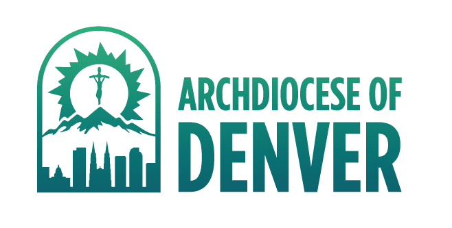 Logo of the Archdiocese of Denver featuring the city skyline and crucifix over mountains, symbolizing its strong endorsements from the local community.