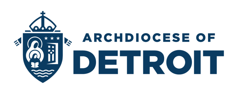 The emblem of the Archdiocese of Detroit features religious symbols and bold text, showcasing its spiritual endorsement.