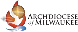 The logo of the Archdiocese of Milwaukee, graced by a cross, dove, and flame next to the text, symbolizes spiritual guidance and community support, reflecting its strong endorsements in faith-based initiatives.