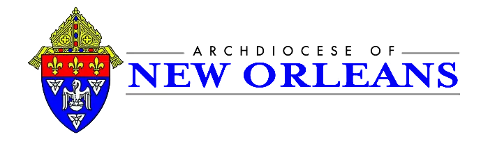 Logo of the Archdiocese of New Orleans featuring a shield and cross design next to text, enhanced for marketing appeal.