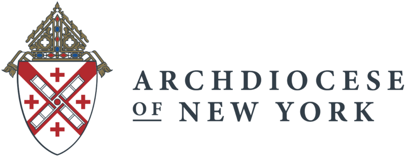 Logo of the Archdiocese of New York featuring a shield with red crosses alongside text, symbolizing the organization's trusted presence and endorsements in the community.