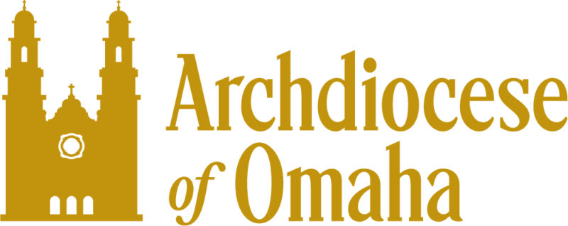 Silhouette of a cathedral next to the text Archdiocese of Omaha in gold letters, symbolizing faith and community endorsements.