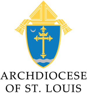 A blue and gold emblem featuring a cross, crescent moon, and wavy lines is topped by a mitre and tassels, reminiscent of prestigious endorsements for the Archdiocese of St. Louis.