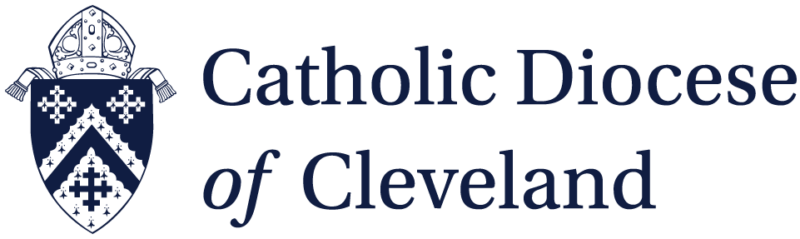 The logo of the Catholic Diocese of Cleveland, featuring a shield and text on a white background, serves as a symbol for community endorsements and faith.