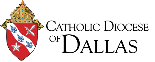 Emblem of the Catholic Diocese of Dallas, featuring a shield with fleur-de-lis and a sword, symbolizing their spiritual endorsements.