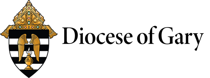 Logo of the Diocese of Gary, featuring a shield adorned with a bishop's hat and a distinctive black and white checkered pattern, symbolizing its esteemed endorsements.