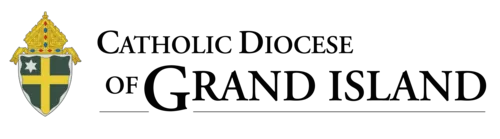 The logo of the Catholic Diocese of Grand Island features a yellow cross and star on a green shield, symbolizing its spiritual endorsements.