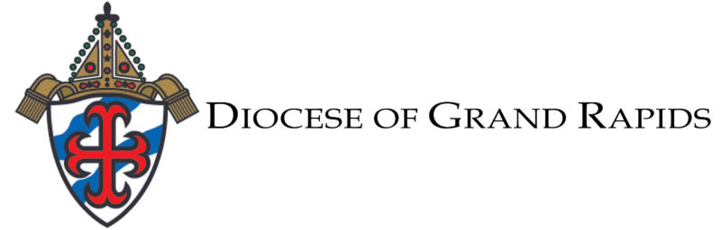 The Diocese of Grand Rapids logo, reminiscent of a prestigious endorsement, prominently features a shield adorned with a cross and topped by a bishop's hat.