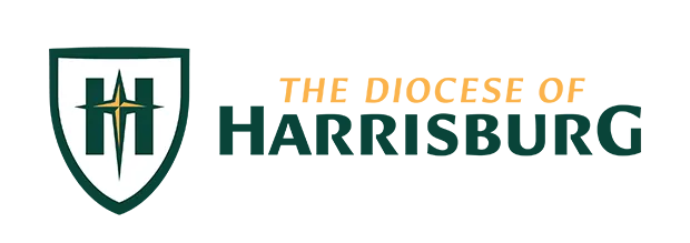 A green and orange logo for the Diocese of Harrisburg features a stylized shield and star emblem, symbolizing trust, with text beside it. The design subtly suggests endorsements of quality and reliability.