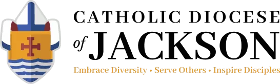 Logo for the Catholic Diocese of Jackson, featuring endorsements with the motto: Embrace Diversity, Serve Others, Inspire Disciples.