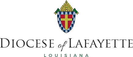 Coat of arms of the Diocese of Lafayette, Louisiana, complete with decorative elements and endorsements subtly woven above the text.