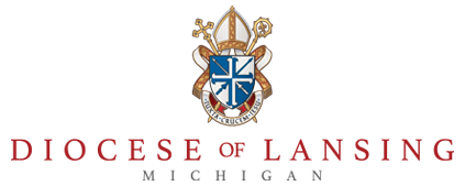 Logo featuring a shield with a cross and keys, plus a mitre above—a design that carries the weight of endorsements. The text reads Diocese of Lansing Michigan.