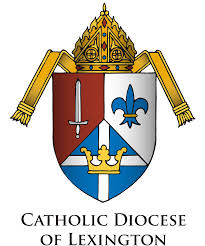 Coat of arms of the Catholic Diocese of Lexington, showcasing a sword, fleur-de-lis, and crown symbols as powerful endorsements of faith and tradition.