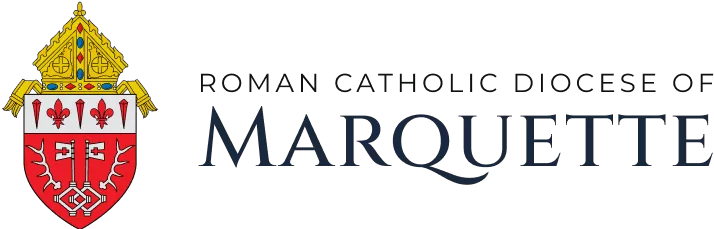 Logo of the Roman Catholic Diocese of Marquette featuring a red and gold shield with text, symbolizing its enduring legacy and spiritual endorsements.