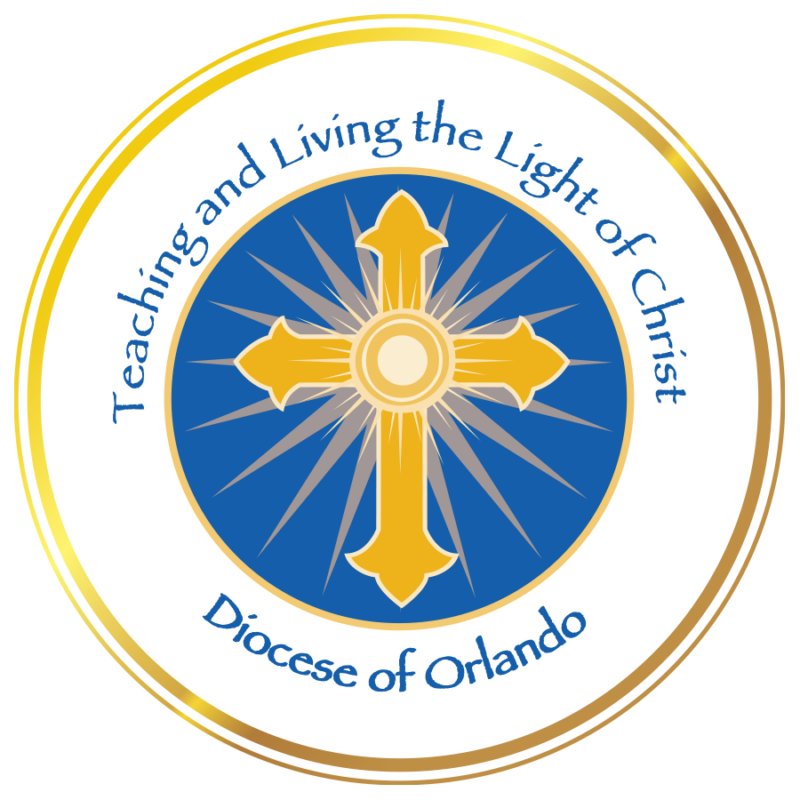 Logo with a gold cross on a blue background, surrounded by the text Teaching and Living the Light of Christ, Diocese of Orlando. This emblem shines brightly with profound endorsements of faith and community.