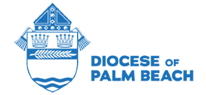 The blue logo features a shield and cross design, symbolizing the strength and faith of the Diocese of Palm Beach. Endorsements proudly highlighted within the text reflect its trusted presence in the community.