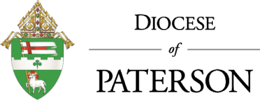 The Diocese of Paterson logo, with endorsements of faith and tradition, displays a shield featuring a cross, lamb, and clover under a bishop's mitre.