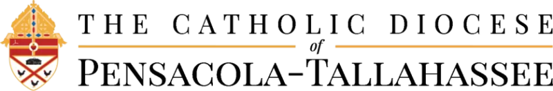 Logo of The Catholic Diocese of Pensacola-Tallahassee with an emblem on the left, symbolizing their trusted endorsements.