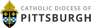 Logo of the Catholic Diocese of Pittsburgh featuring a symbolic shield, complemented by text and subtle endorsements.