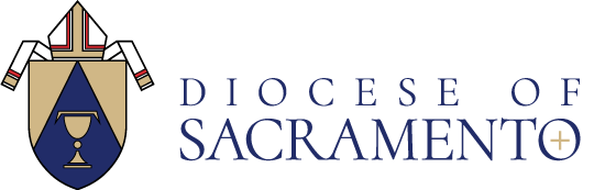 A shield featuring a chalice and miter is accompanied by the text "Diocese of Sacramento," symbolizing its respected endorsements.