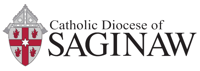 Logo of the Catholic Diocese of Saginaw, featuring a red and gray shield with a cross design that symbolizes the diocese's spiritual endorsements.