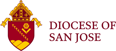 A maroon and gold emblem features a bishop's mitre and shield, adorned with a cross and hills, symbolizing divine endorsements for the Diocese of San Jose.