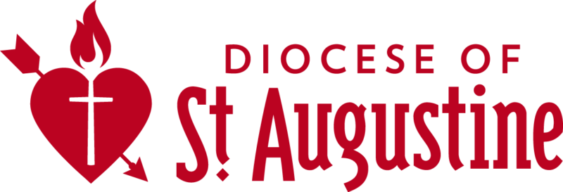 Logo of the Diocese of St. Augustine featuring a red heart, cross, flame, and arrow—a symbol of spiritual warmth and commitment endorsed by the community.