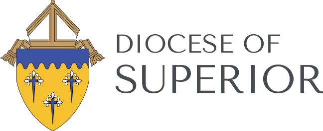 Logo of the Diocese of Superior, featuring a shield adorned with fleur-de-lis icons and a stylized mitre above, symbolizing its spiritual endorsements.