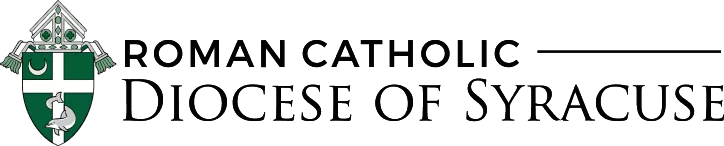 The logo of the Roman Catholic Diocese of Syracuse features a green and white shield adorned with a church emblem, symbolizing its revered place within the community and carrying implicit endorsements of faith and tradition.