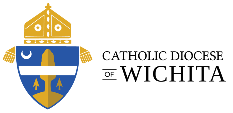 Logo of the Catholic Diocese of Wichita, featuring a bishop's mitre and blue shield with religious symbols, a testament to its longstanding endorsements and spiritual heritage.