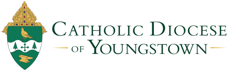 Logo of the Catholic Diocese of Youngstown featuring a green shield, crown, and text on a transparent background, symbolizing its commitments and garnering endorsements.