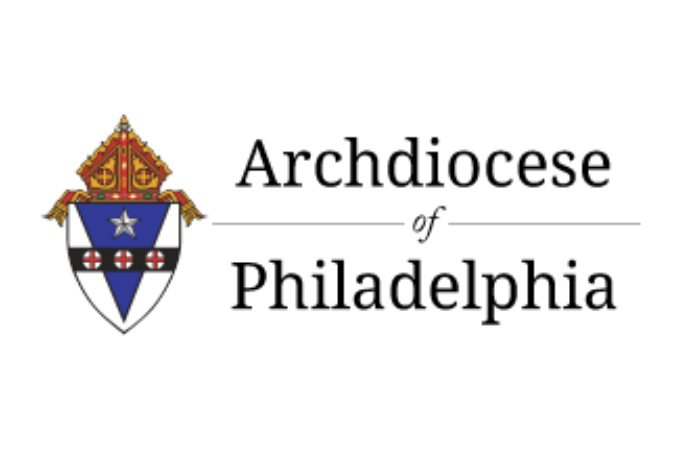 Logo of the Archdiocese of Philadelphia featuring a shield and cross emblem on a white background, symbolizing its commitment to community and campus ministry.