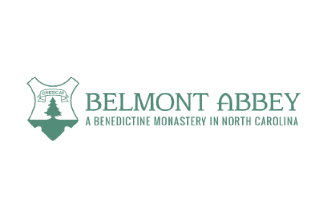 Belmont Abbey logo featuring a shield and text: A Benedictine Monastery in North Carolina, fostering community and campus ministry.