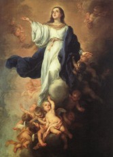 A woman in a white and blue gown ascends, embodying the Assumption, surrounded by cherubs against a cloudy background.