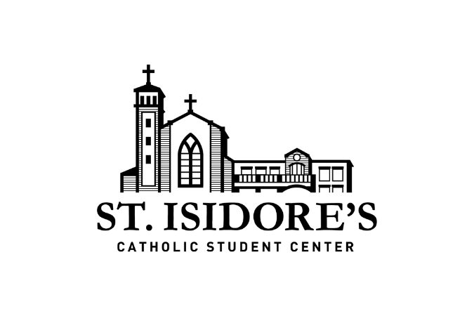 Logo of St. Isidore's Catholic Student Center featuring a church building illustration, symbolizing our vibrant campus ministry and strong community bonds.