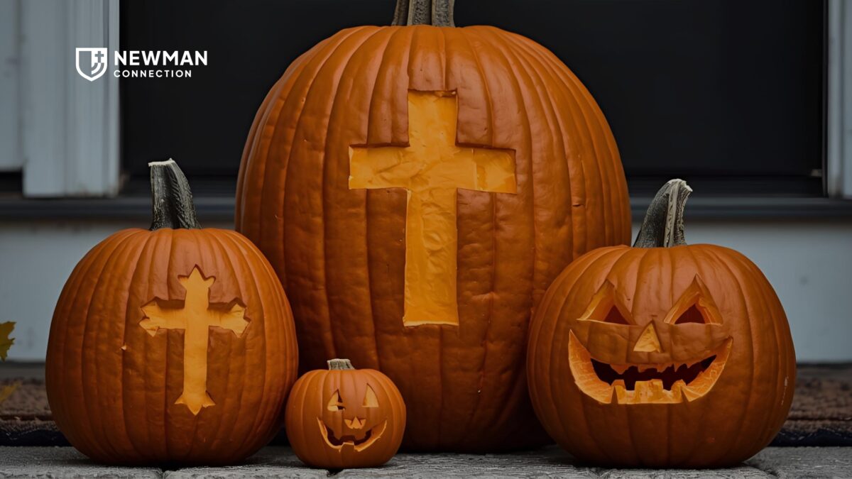 An assortment of Jack-o-lanterns carved with crosses.
