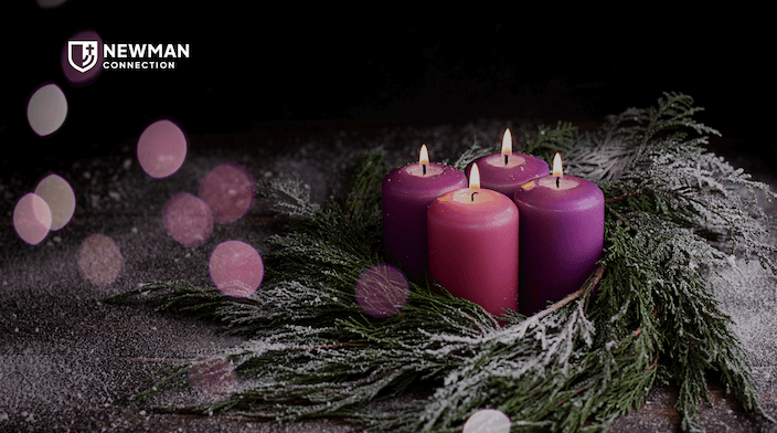 Purple candles flicker among a snow-dusted cedar branch against a dark background. The Newman Connection shield logo is in the top-left corner of the image.